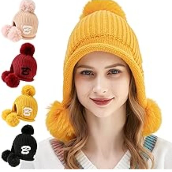 Golden Yellow Triple Pom Pom Fleece Lined Beanie Hat - Picture 1 of 8